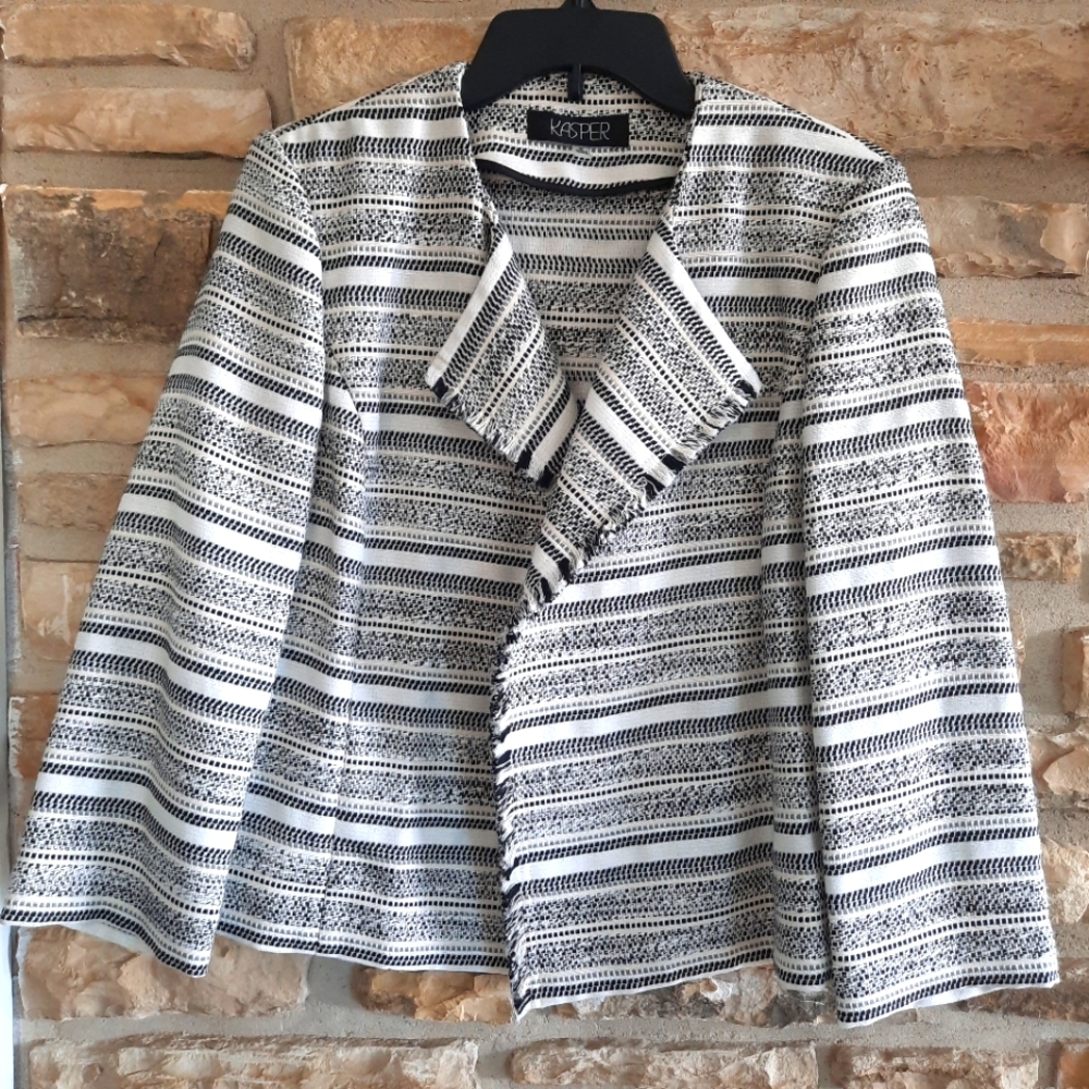 Kasper Open Front Blazer Womens Medium Black White Fringe Jacquard Workwear